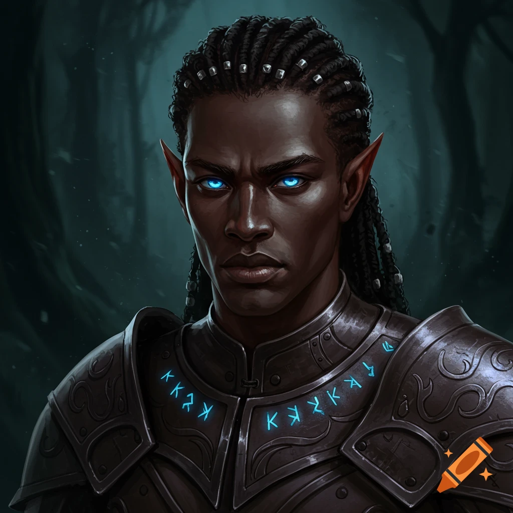 Portrait of a male dark elf with glowing blue eyes and dark armor with blue runes.