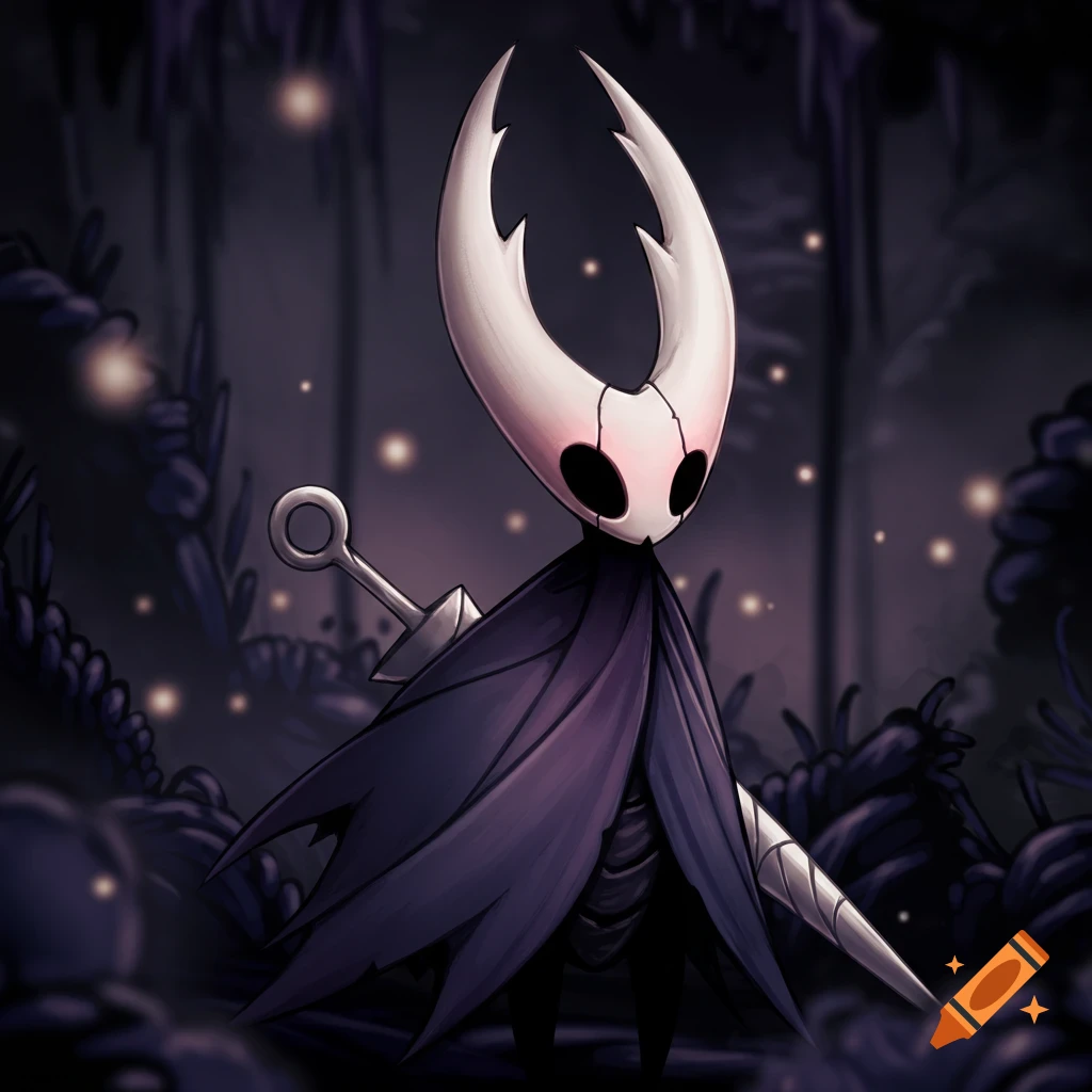 The character Hornet from the video game Hollow Knight stands in a dark forest.