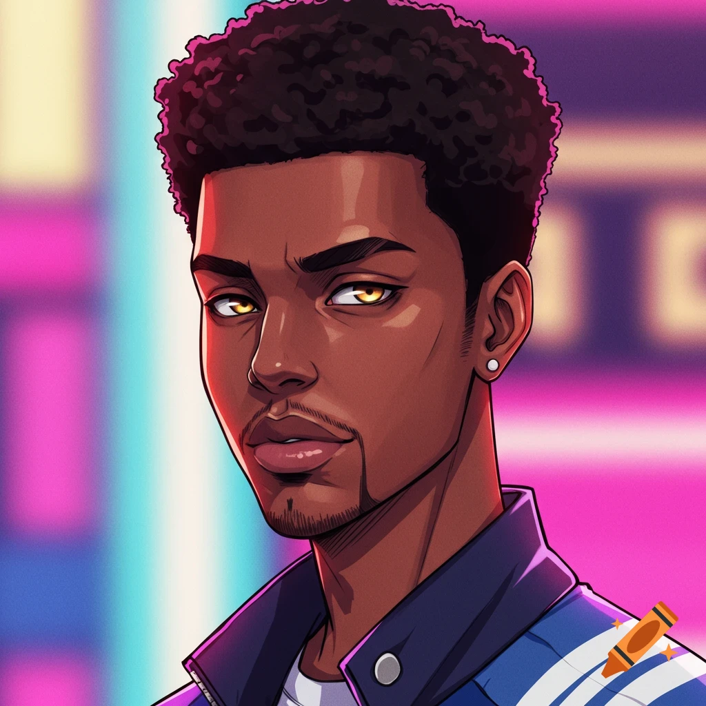 Anime portrait of a young Black man with yellow eyes against a colorful background.