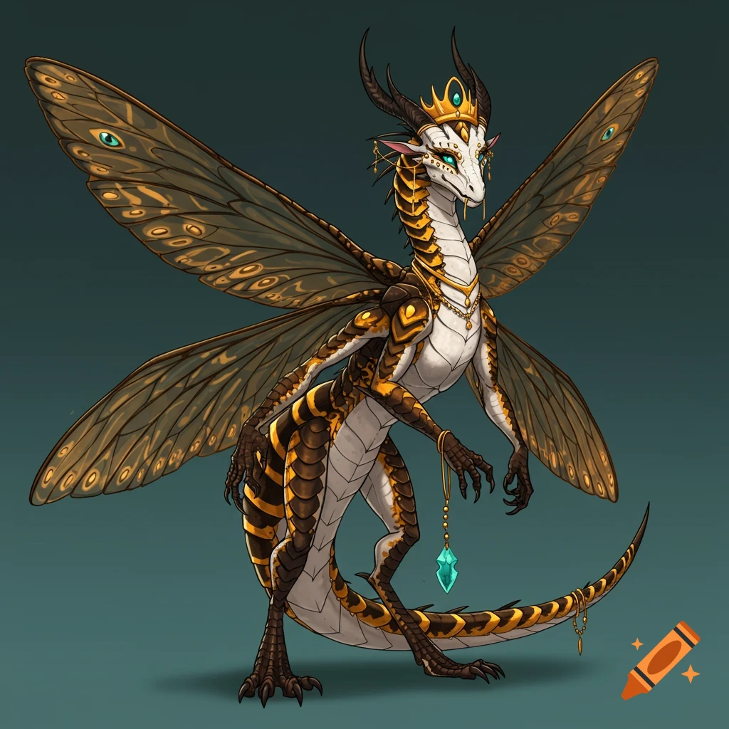 A fantasy creature resembling a dragon with insect wings, wearing a gold crown and jewelry.