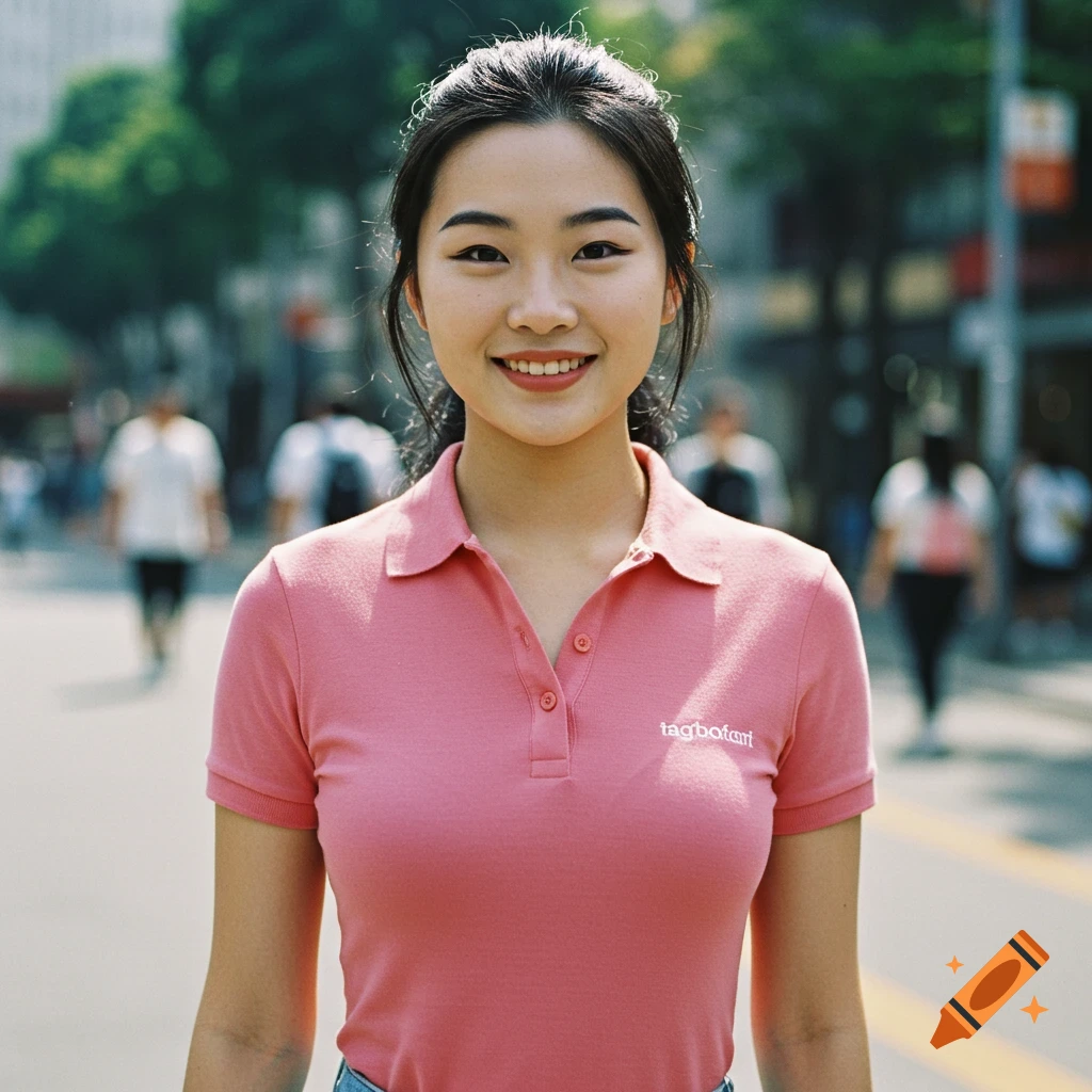 A smiling Asian woman in a pink polo shirt stands on a street.