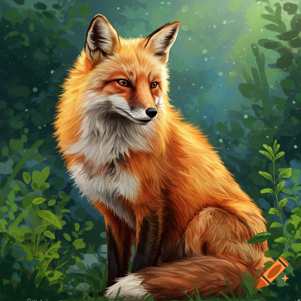 A red fox sitting in a forest.