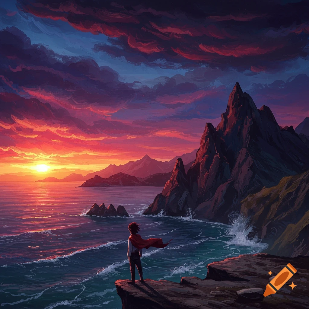 A figure with a red cloak stands on a cliff edge overlooking a vibrant sunset over the ocean and mountains.