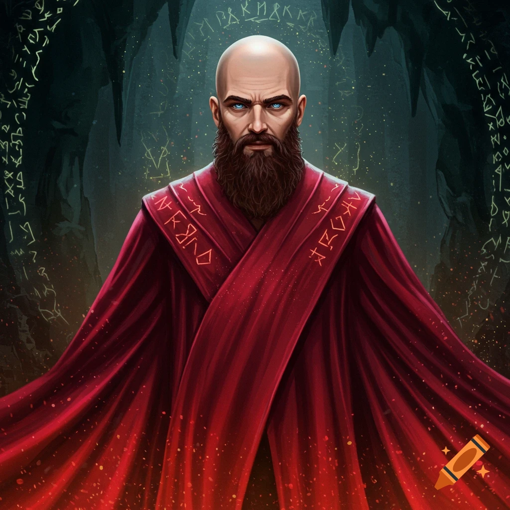 A bald man with a beard in red robes stands in a dark cave with glowing runes.