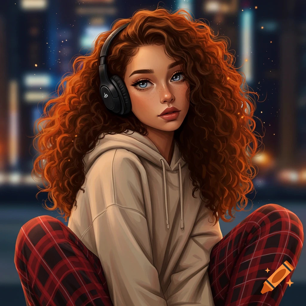 Digital art portrait of a young woman with curly red hair and headphones, wearing a hoodie and plaid pants, against a city background.