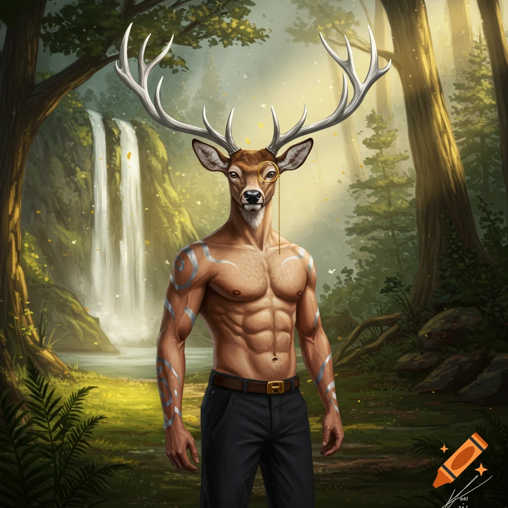 A muscular deer-headed man with antlers and a monocle is in a forest with a waterfall.