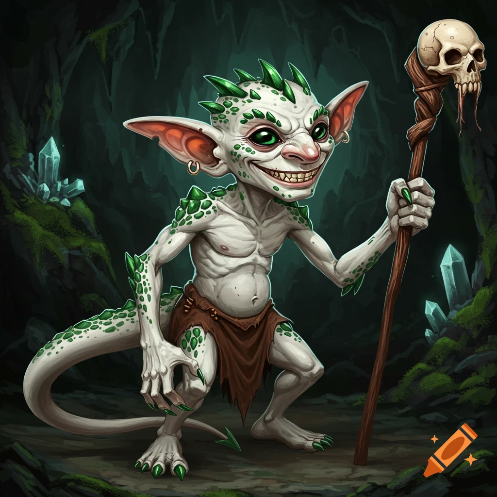 A white goblin with green scales holds a skull staff in a cave.