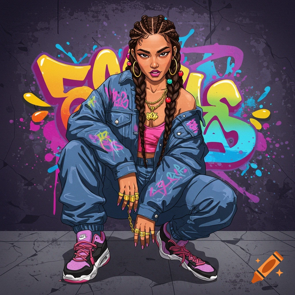 A woman with braided hair, denim jacket, and sneakers crouches in front of colorful graffiti.