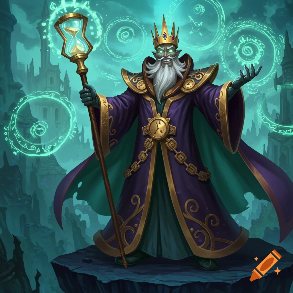 A fantasy time wizard character holding an hourglass staff.