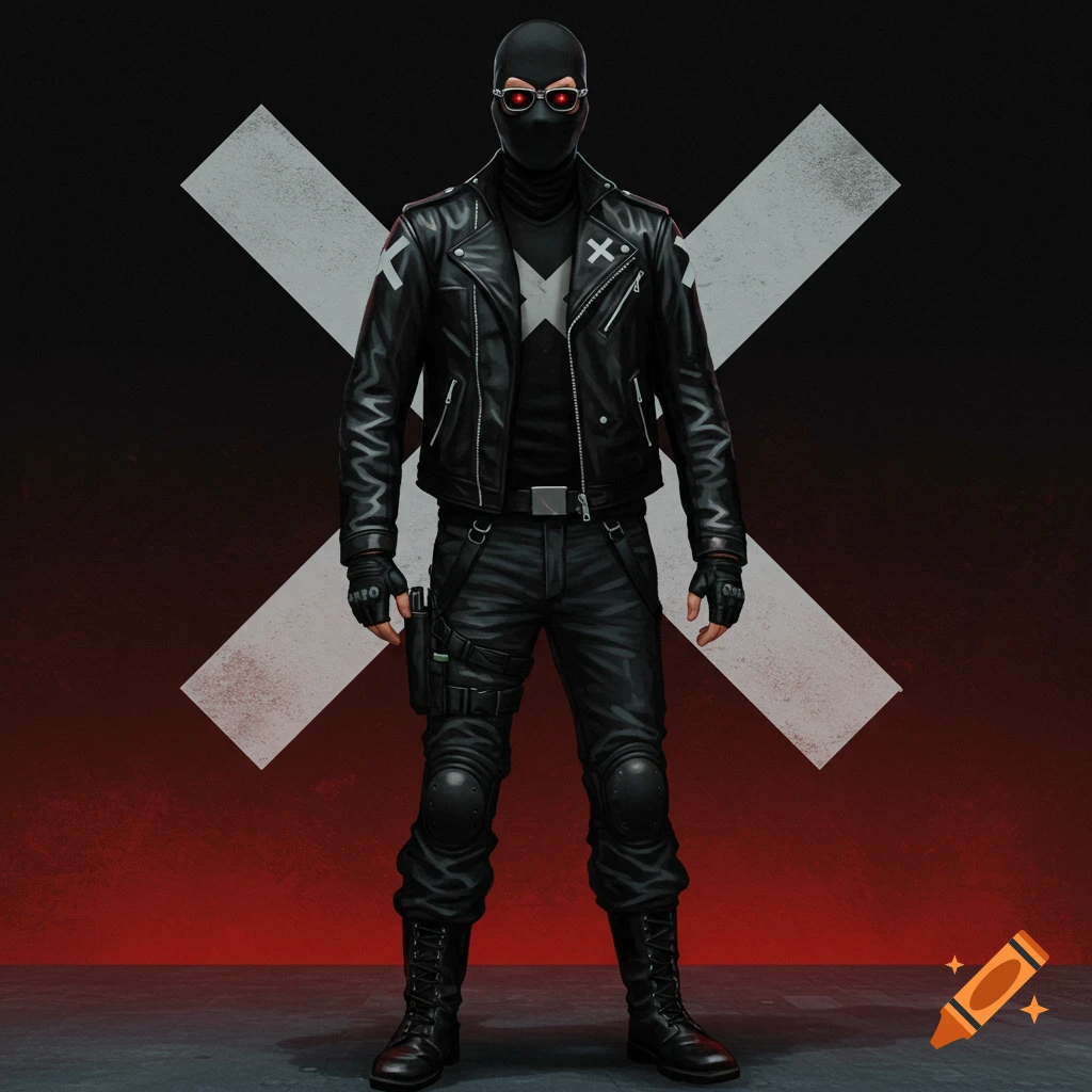 A man in a black mask, goggles, leather jacket with a white X, and tactical gear stands before a large white X.