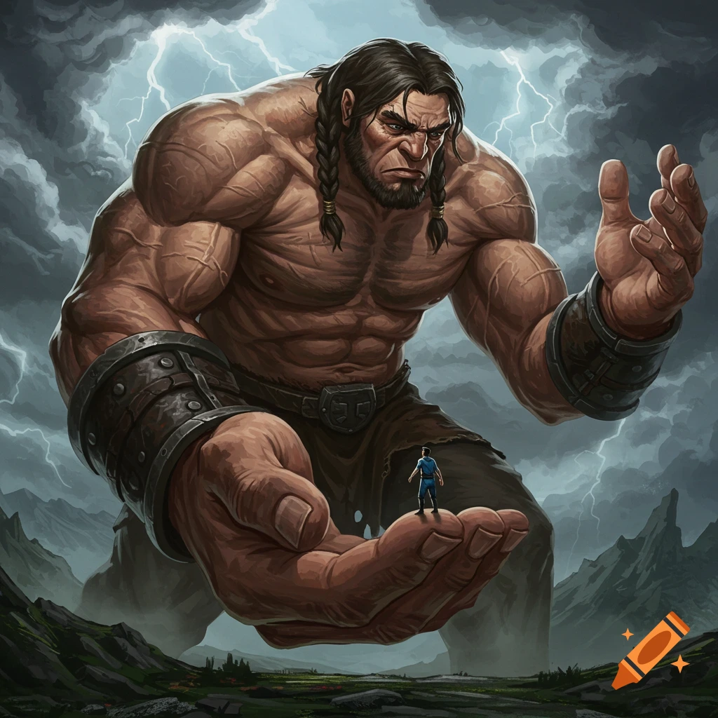 A huge muscular giant holding a tiny man in his hand under a stormy sky.