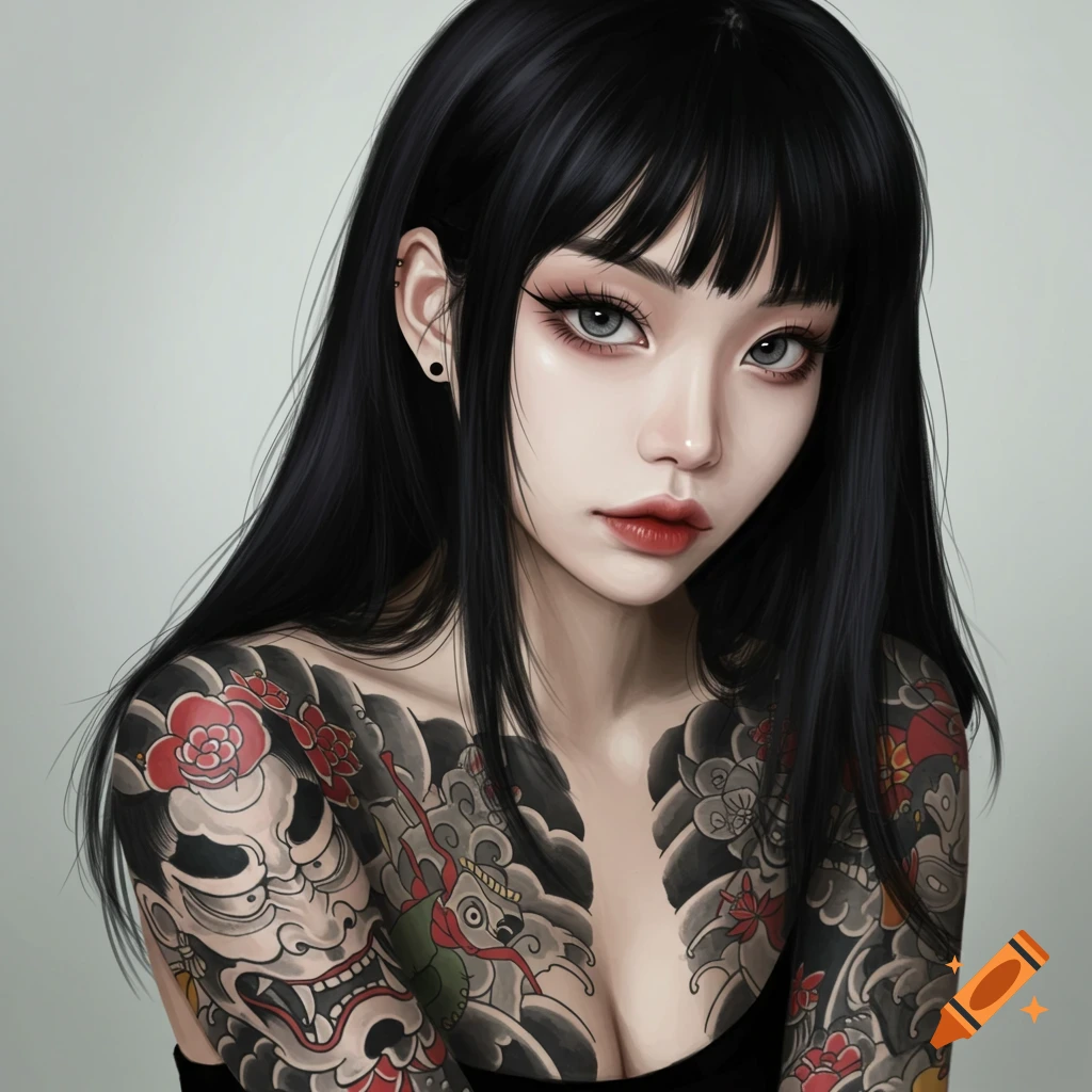 A woman with long black hair, bangs, and large Japanese-style tattoos on her chest and arms.