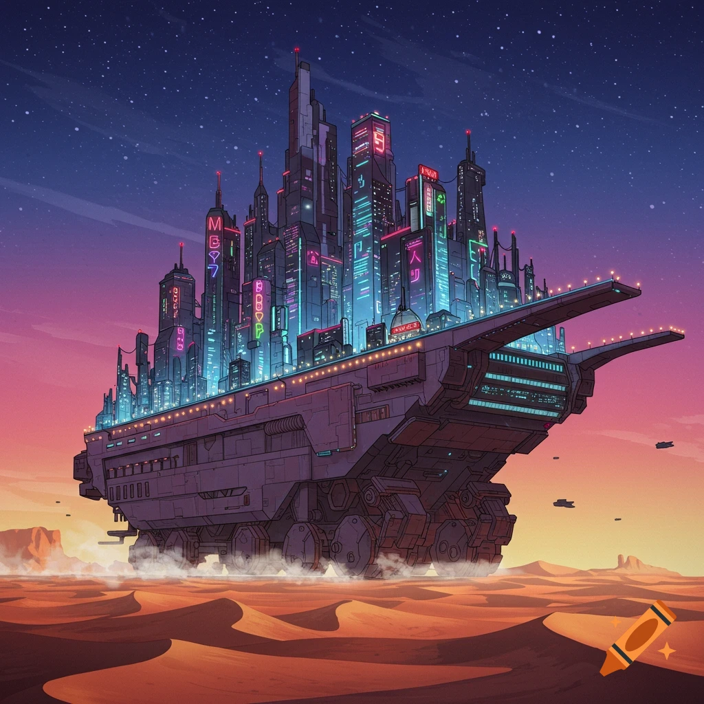 A large mobile city vehicle drives across a desert landscape at sunset, with neon lights on the futuristic buildings.