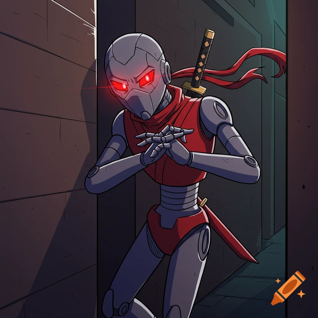 A robot ninja with red eyes leans against a wall in a dark alley, cartoon style.