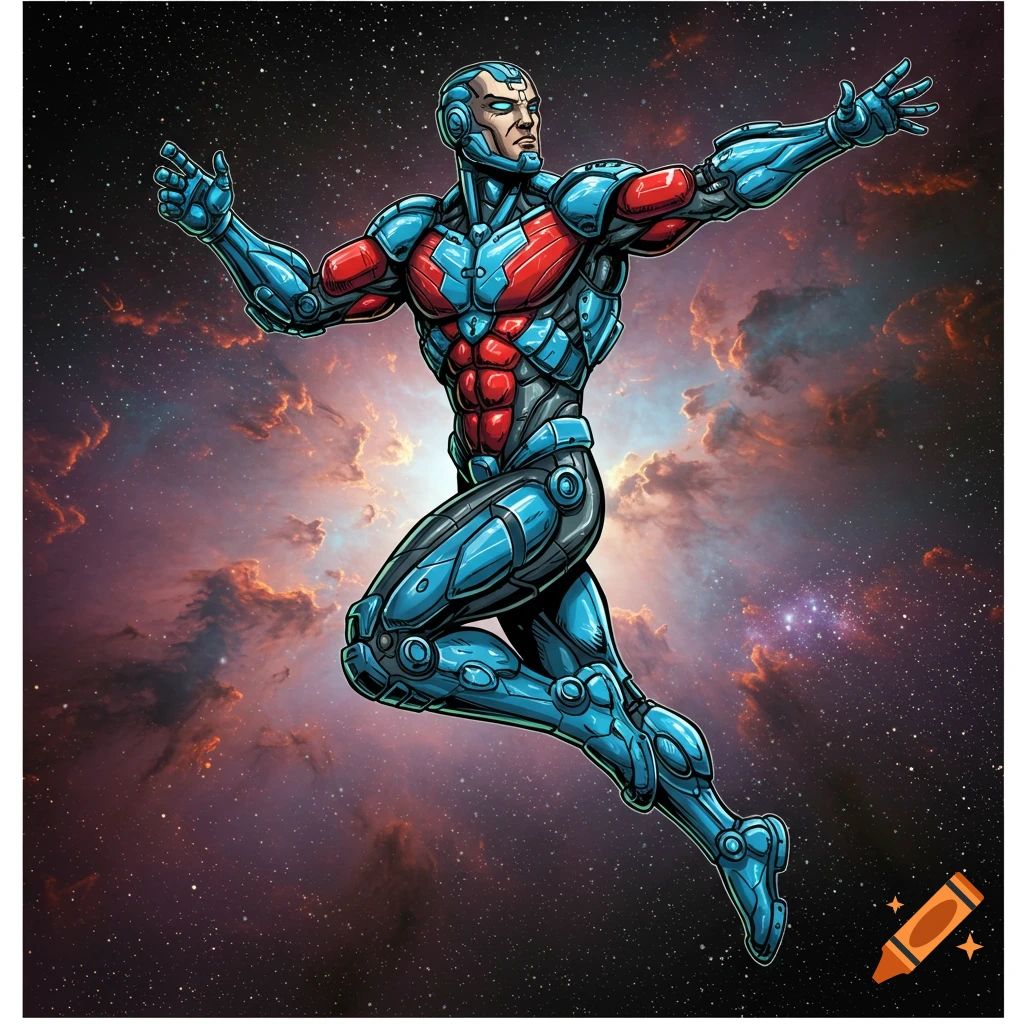 action figure superhero flying through nebula
