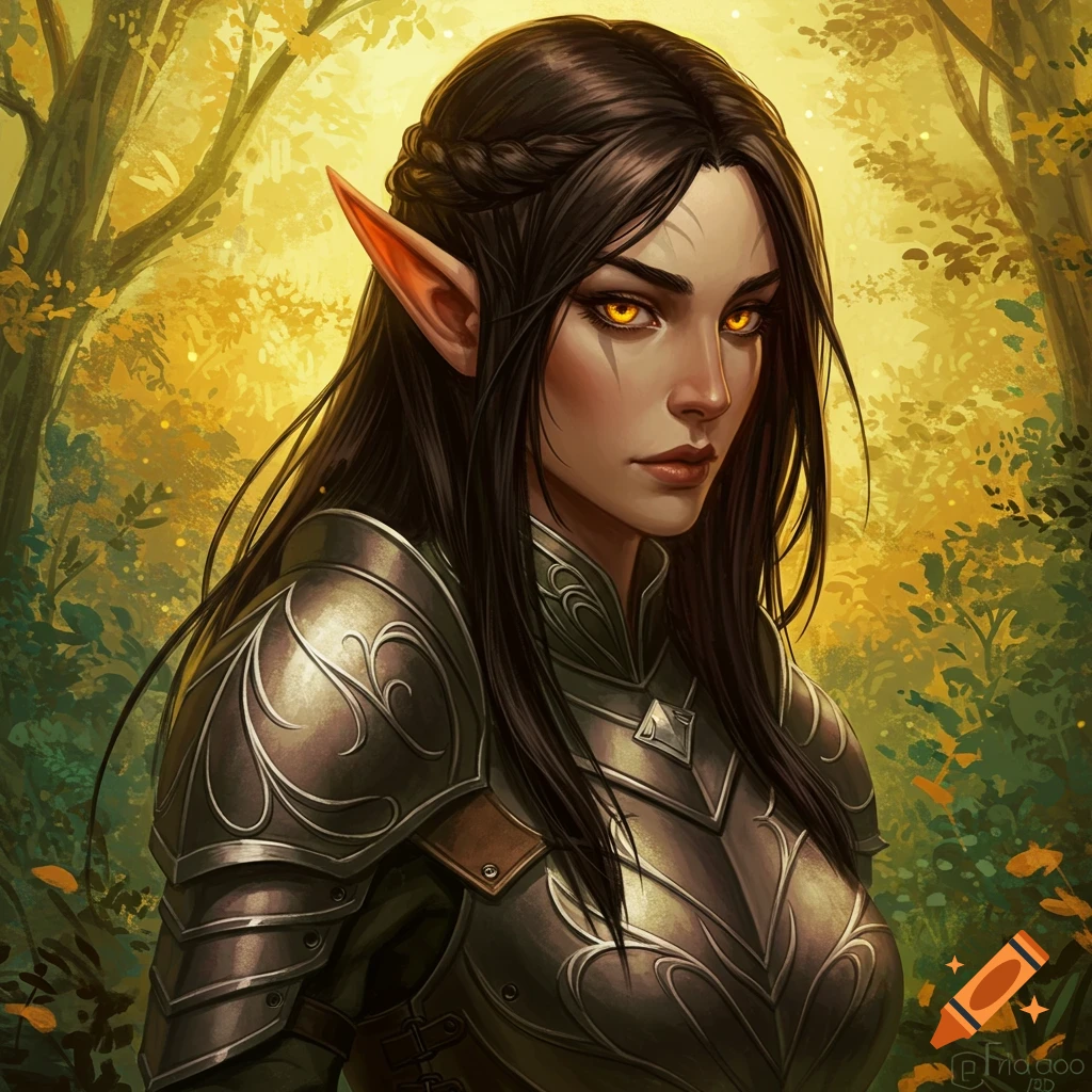 An elven woman in armor in a forest