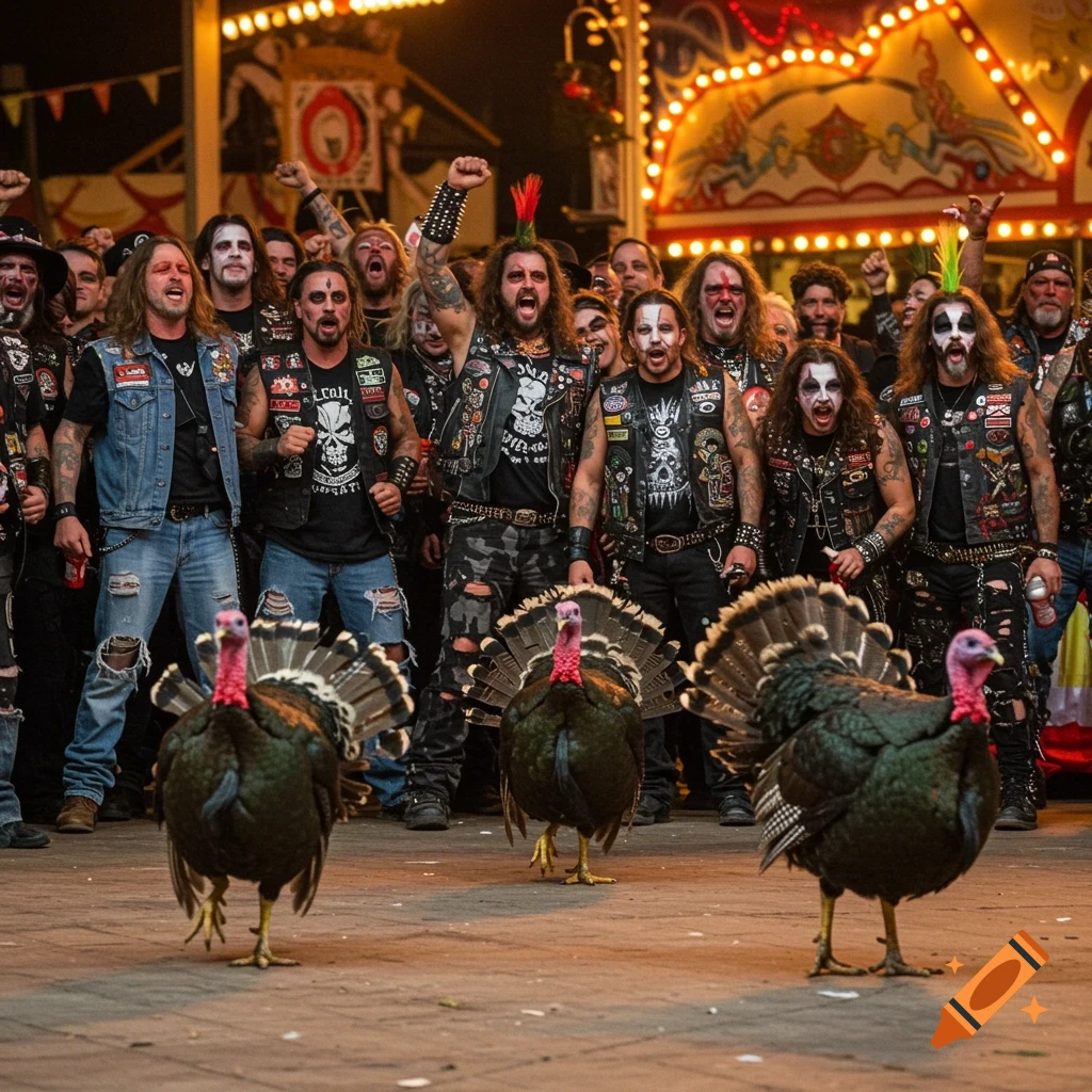 Metalheads in face paint and leather vests cheer as turkeys walk across a stage at a carnival.