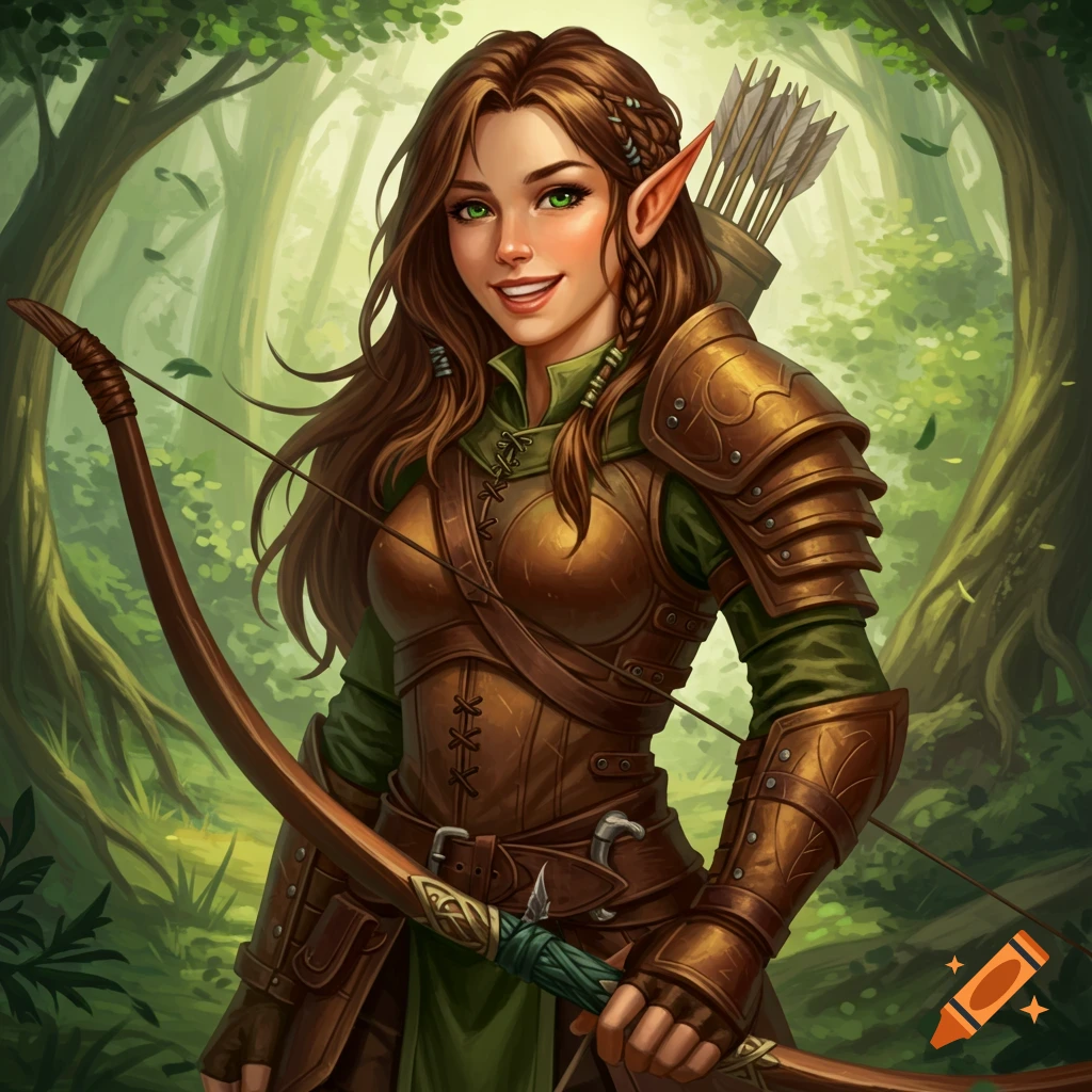 Smiling female elf archer in leather armor holding a bow in a forest.