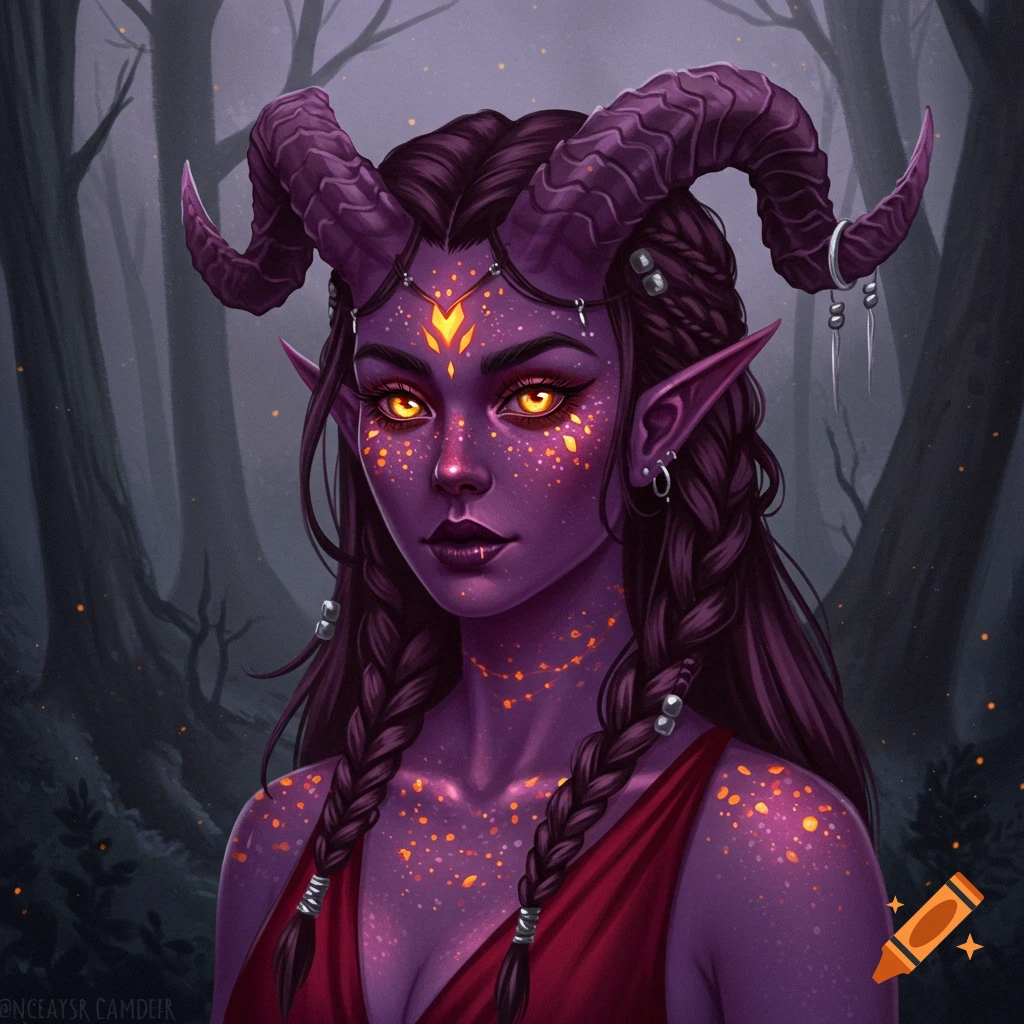 Portrait of a purple Tiefling woman with horns and glowing orange freckles in a forest