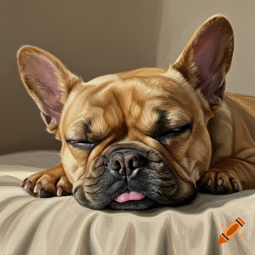 A realistic painting of a French bulldog sleeping peacefully close up