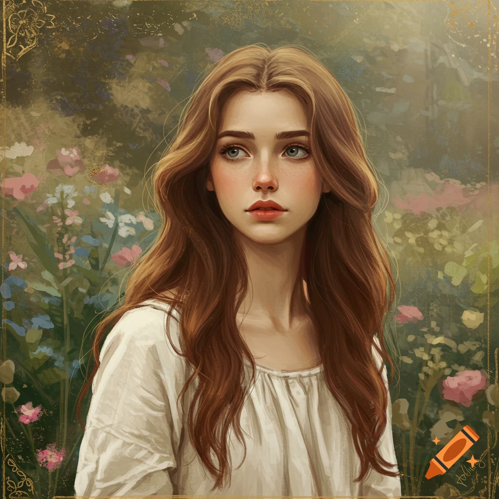 A young woman with long brown hair in a garden.