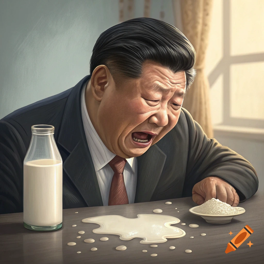 A man resembling Xi Jinping cries over spilled milk and a plate of white powder on a table.