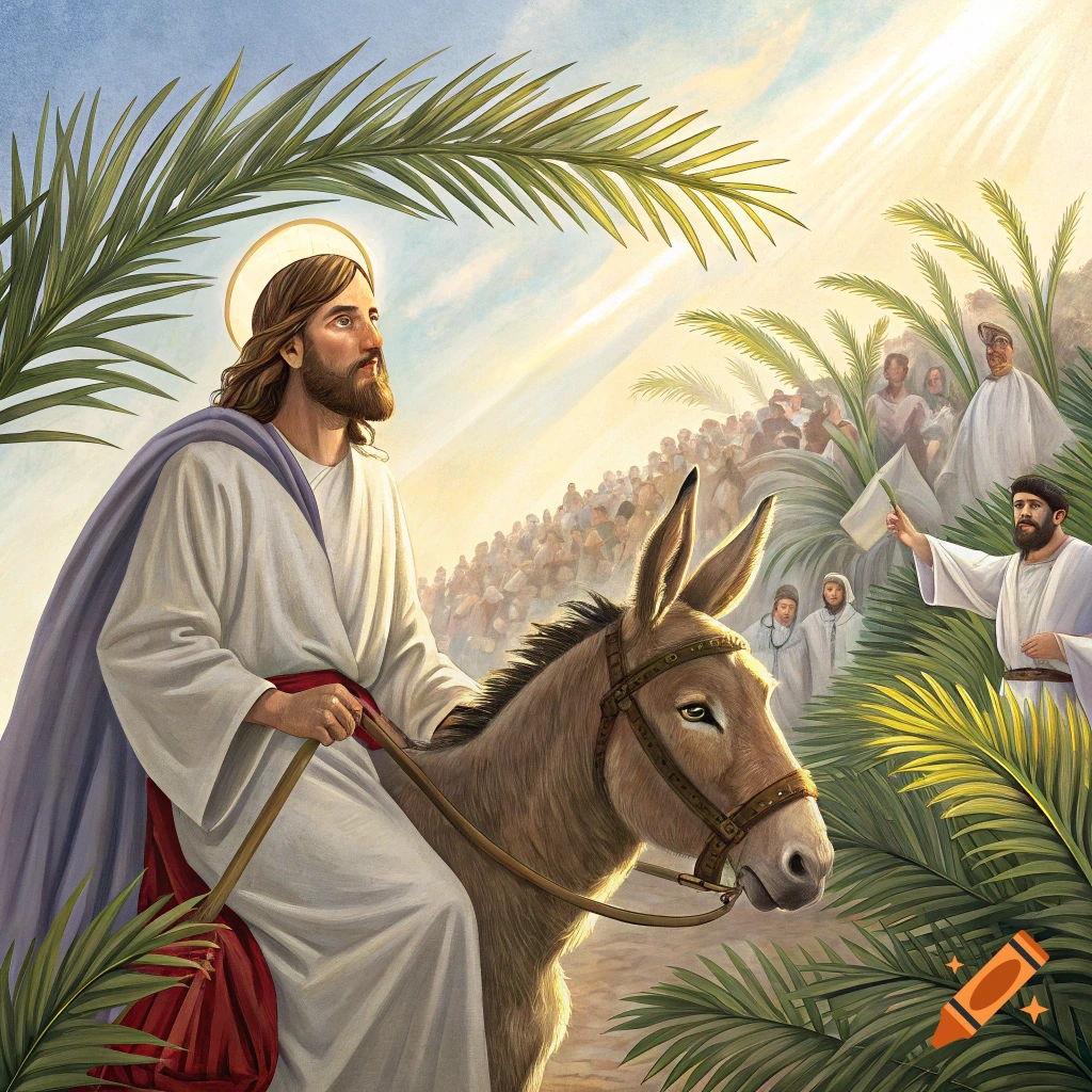 Jesus rides a donkey into a city as a crowd waves palm branches under sunlight.