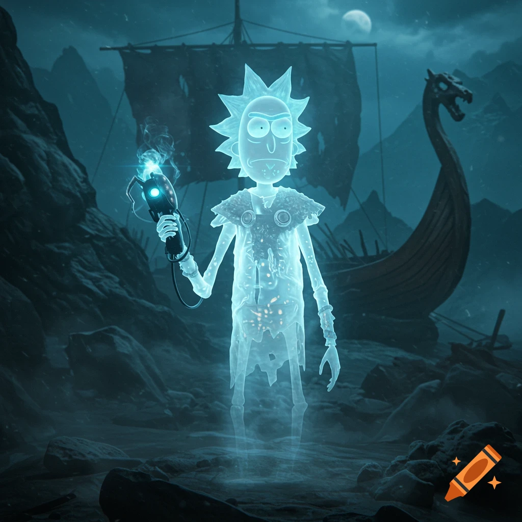 A glowing blue ghost Rick Sanchez stands in a rocky landscape holding a plasma gun. Behind him is a large Viking longship under a moonlit sky.
