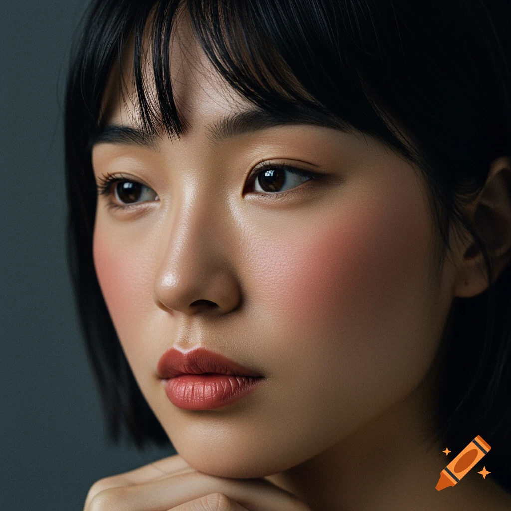 Close-up portrait of a woman's face with dramatic blush and makeup.
