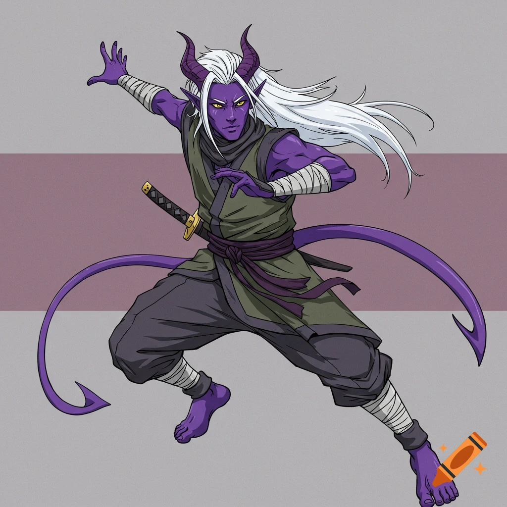 A male tiefling in ninja gear in a dynamic pose, depicted in retro anime cel-shaded style.