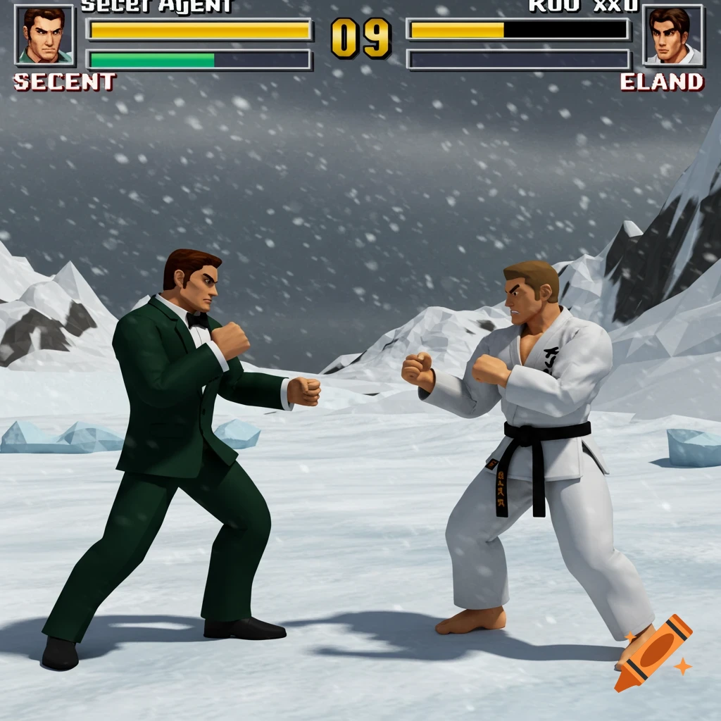 3D render in PS2 graphics style of two men in a fighting game stance on a snowy mountain, one in a green tuxedo, one in a white karate gi, with a game UI.