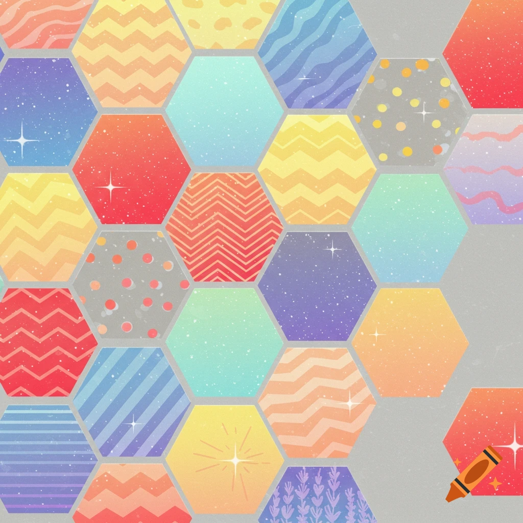 Colorful abstract pattern of tessellating hexagons with various geometric and space-like textures on a gray background.