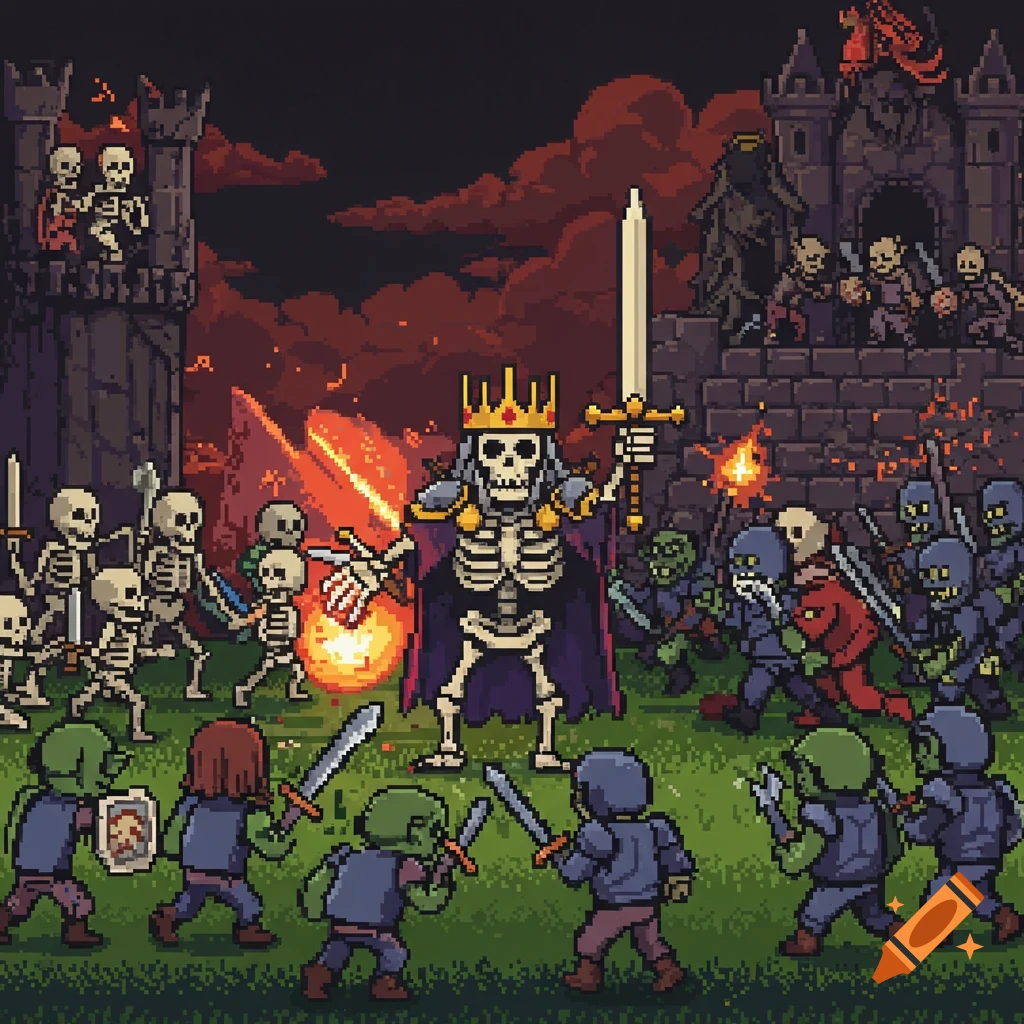 Pixel art depiction of a skeleton king leading an army of skeletons and goblins into battle near a castle.