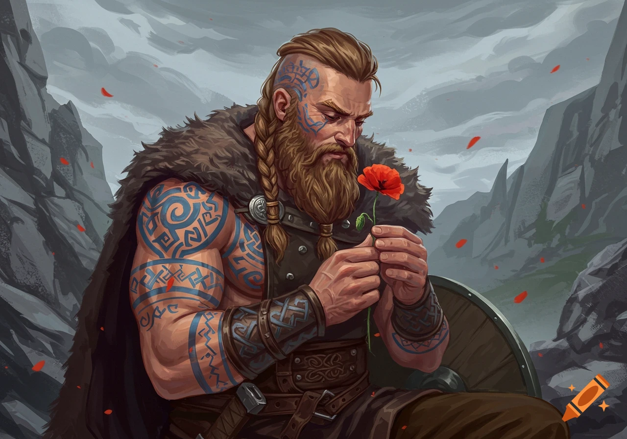 A Viking man with tattoos holding a red flower in a mountain landscape.