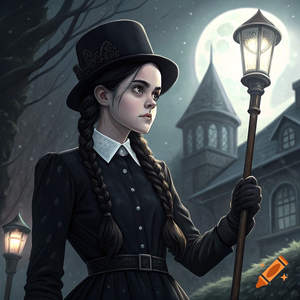 Young woman resembling Wednesday Addams in a black dress and top hat holding a lantern at night near a spooky building.
