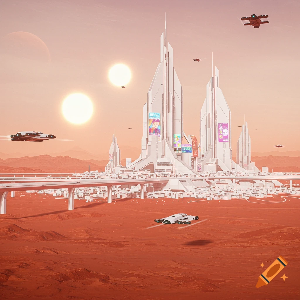 Futuristic white city with tall spires on a red planet under two suns with flying vehicles, photorealistic sci-fi art.