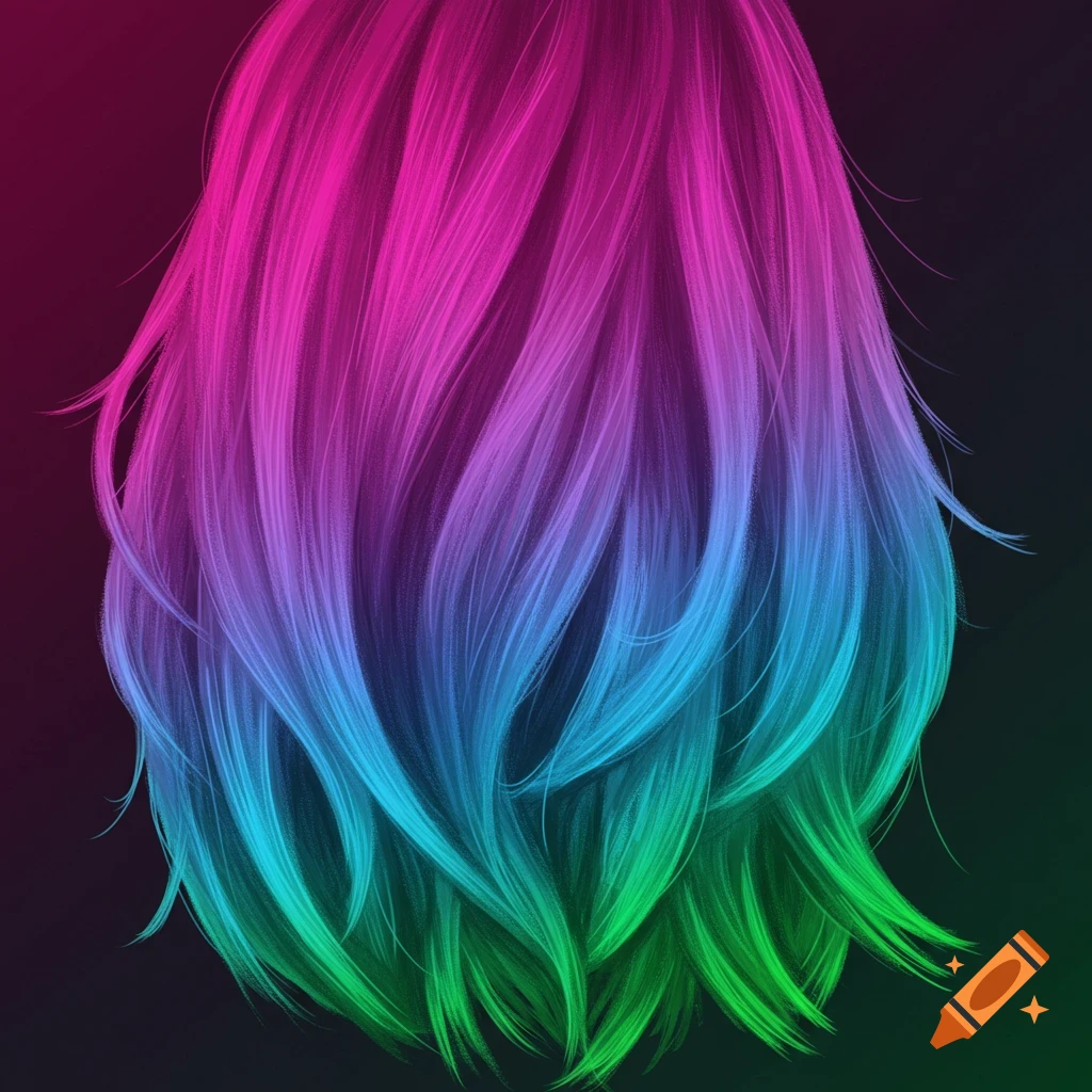 Hair with a color gradient from pink to green