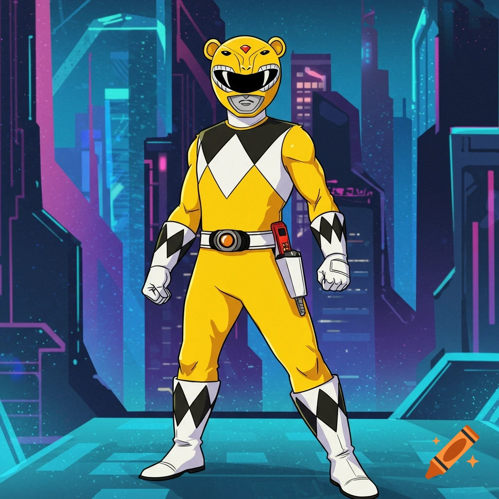 A Yellow Power Ranger with a bear-themed helmet stands in a stylized futuristic city, digital art.