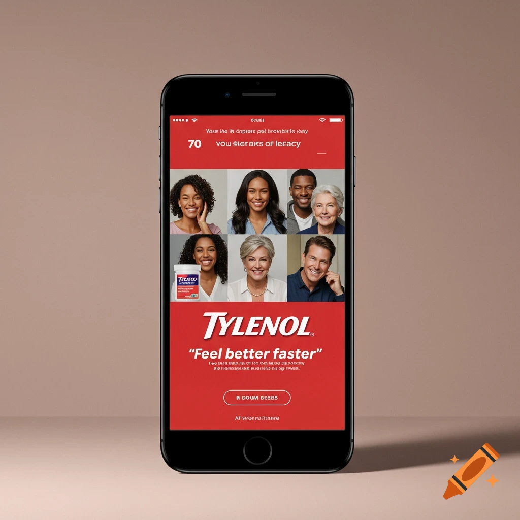iPhone screen displaying a Tylenol ad with photos of diverse people and product details.