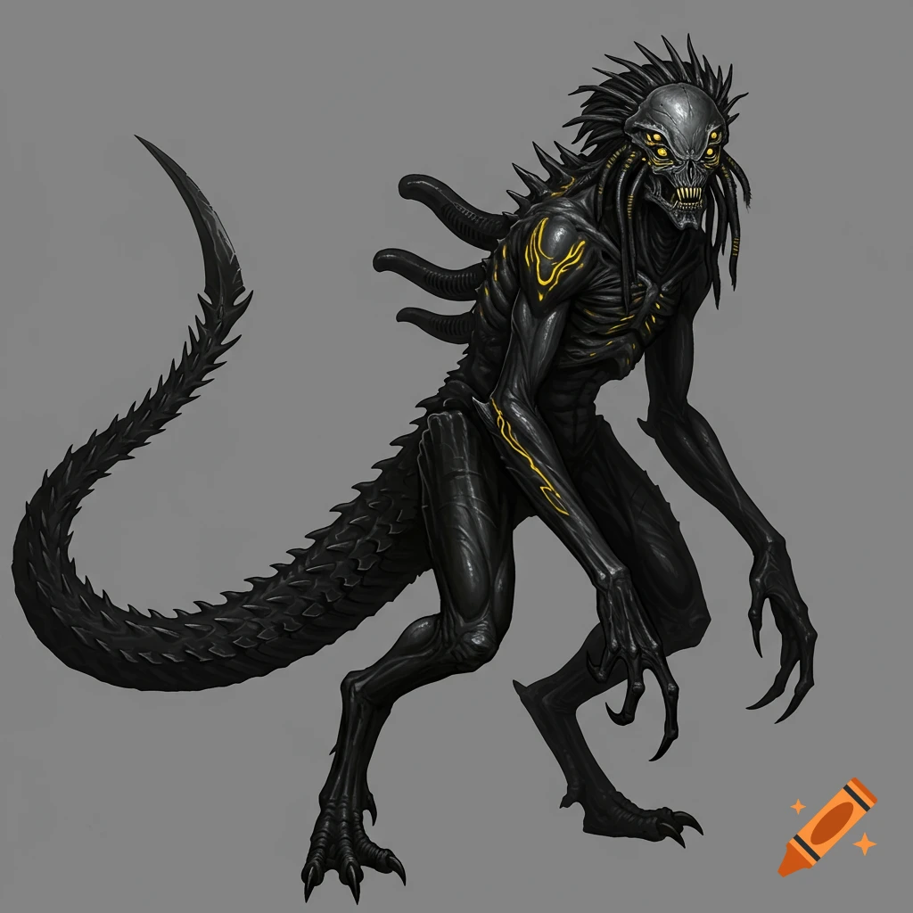 A biomechanical black alien creature with yellow eyes and markings stands on a gray background.