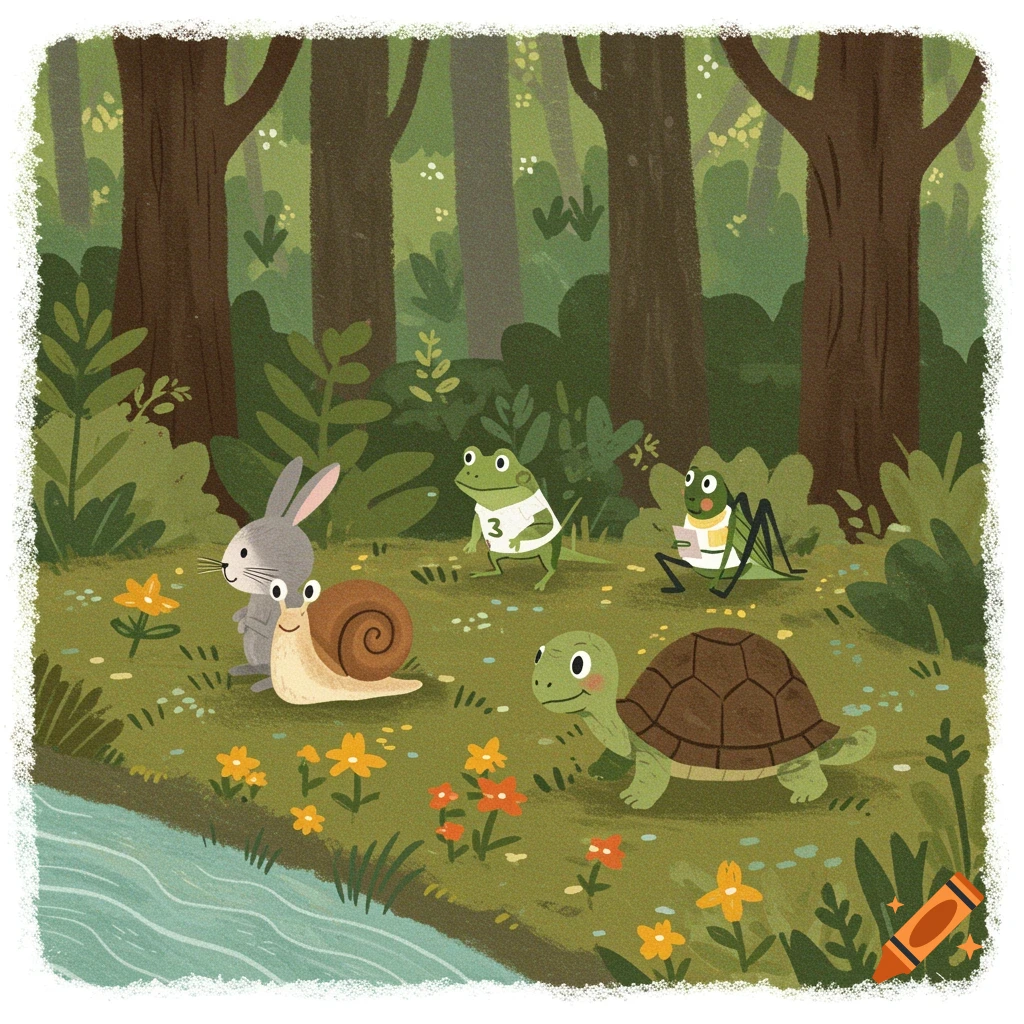 Cute animals (rabbit, snail, frog, cricket, turtle) gather by a river in a forest, children's book illustration style.