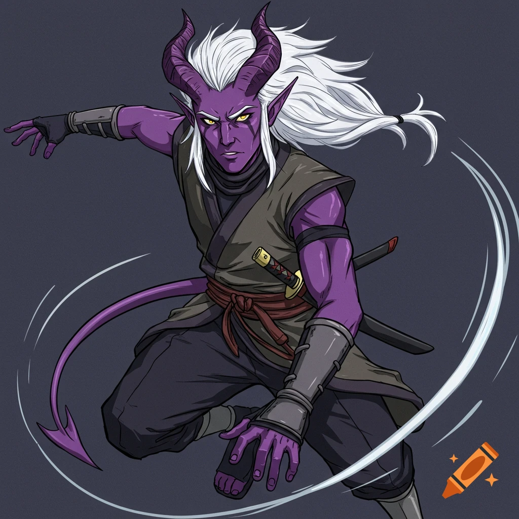 Purple-skinned tiefling character in ninja gear in a dynamic pose, anime style