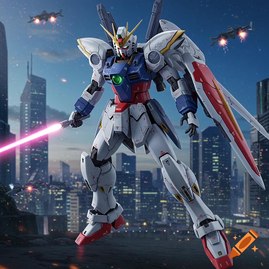 Giant white, blue, and red robot with a pink laser sword stands in a city with flying vehicles.