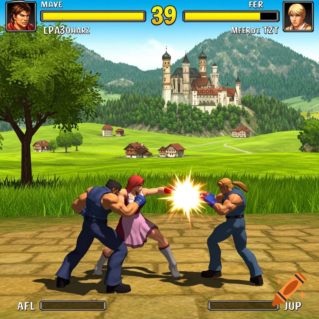 Screenshot of a retro 3D fighting game with characters fighting in a grassy field before a castle, Bavaria background.