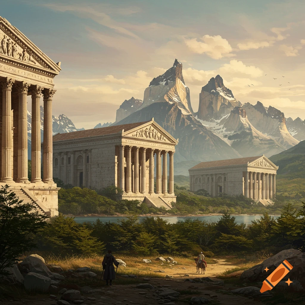 Ancient Roman temples in a mountainous landscape with figures on a path.