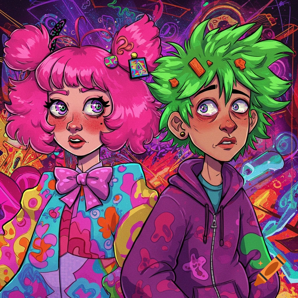 Two cartoonish characters with pink and green hair and colorful clothes are shown against a chaotic background.