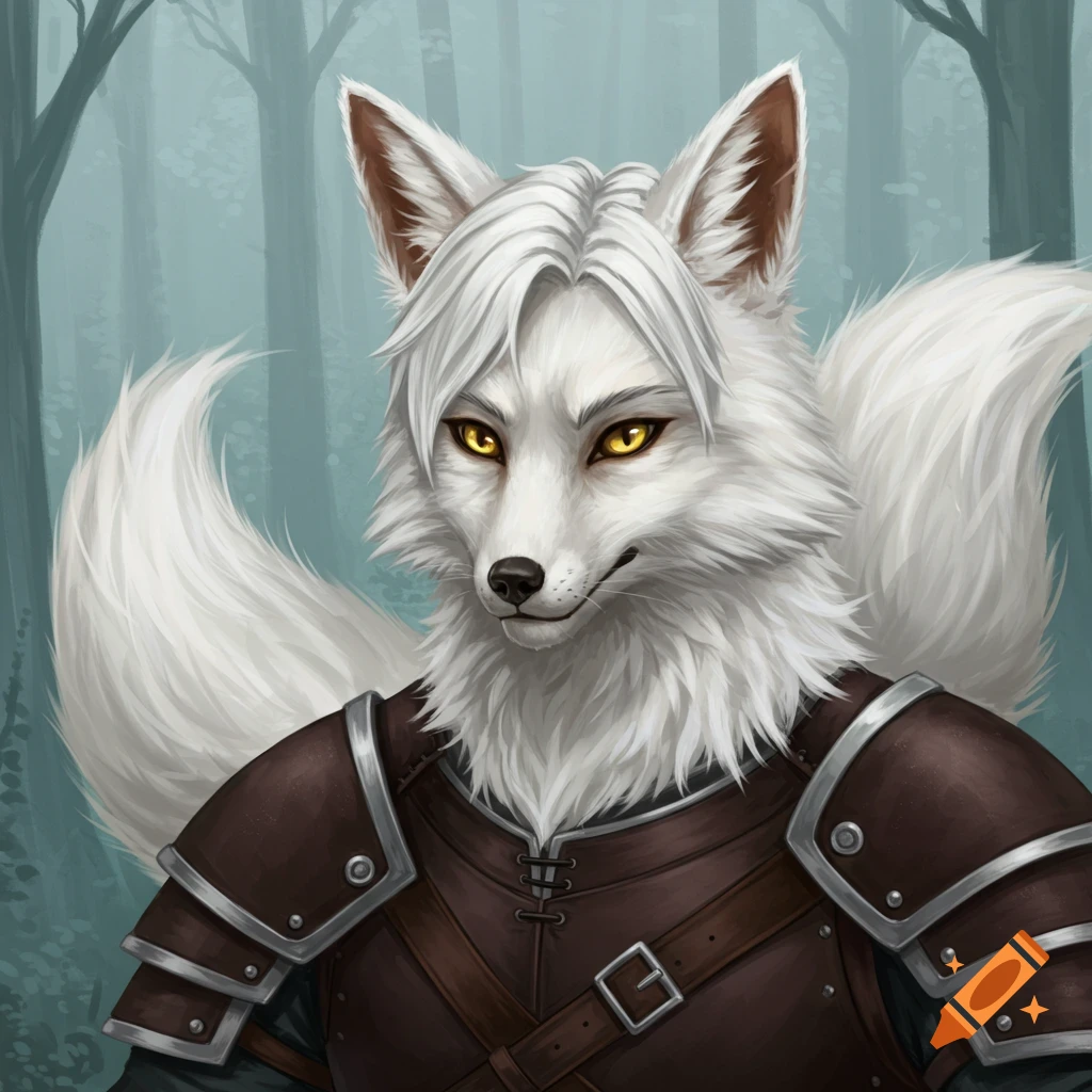 A white foxkin male character wearing leather and metal armor in a forest setting.