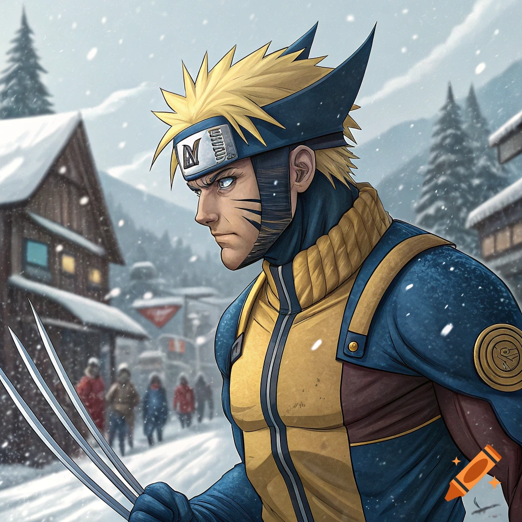 Illustration of a Naruto and Wolverine fusion character in a snowy village.