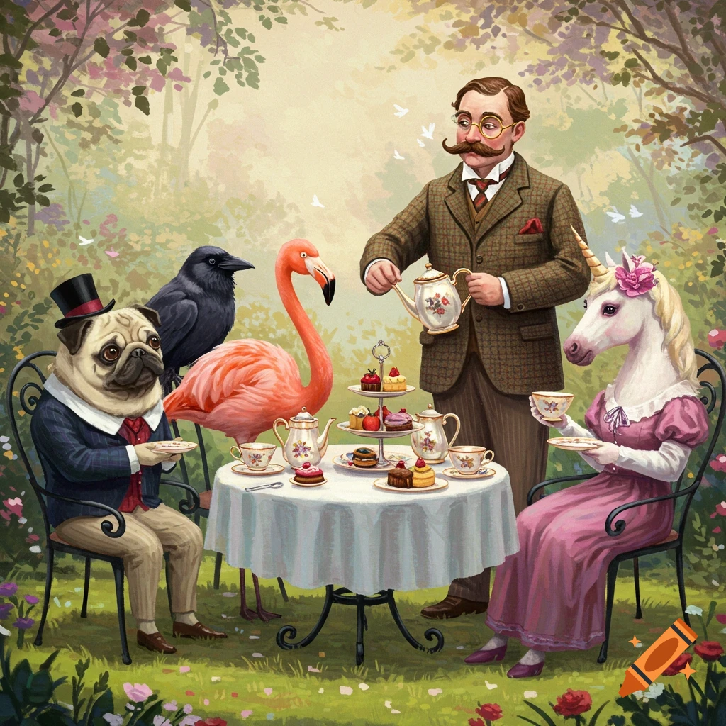 A pug in a suit, a unicorn in a dress, a flamingo, and a raven are having tea served by a man in a garden.