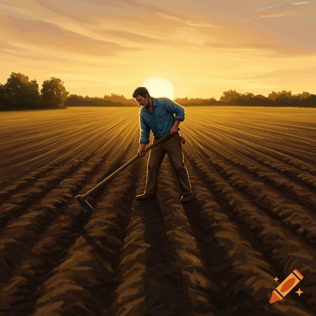 A farmer is hoeing a field at sunset.